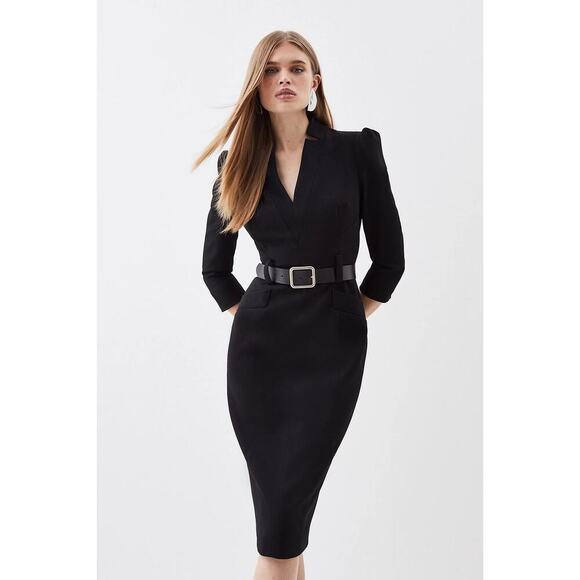 Karen Millen US 10/UK 14 Black Structured Crepe Pencil Midi Dress Career - Picture 3 of 11